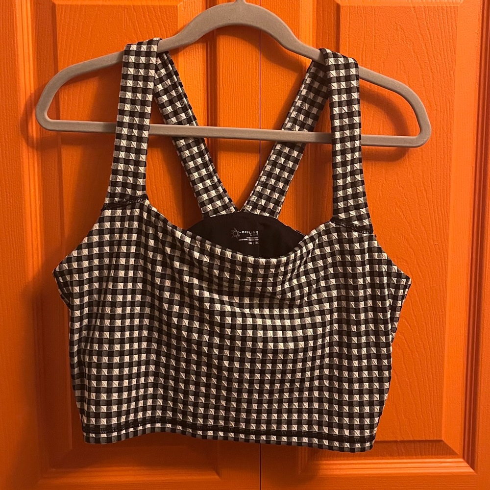 Offline by Aerie Crop Top Women's Size XXL Black Gingham Stretch Medium Support
